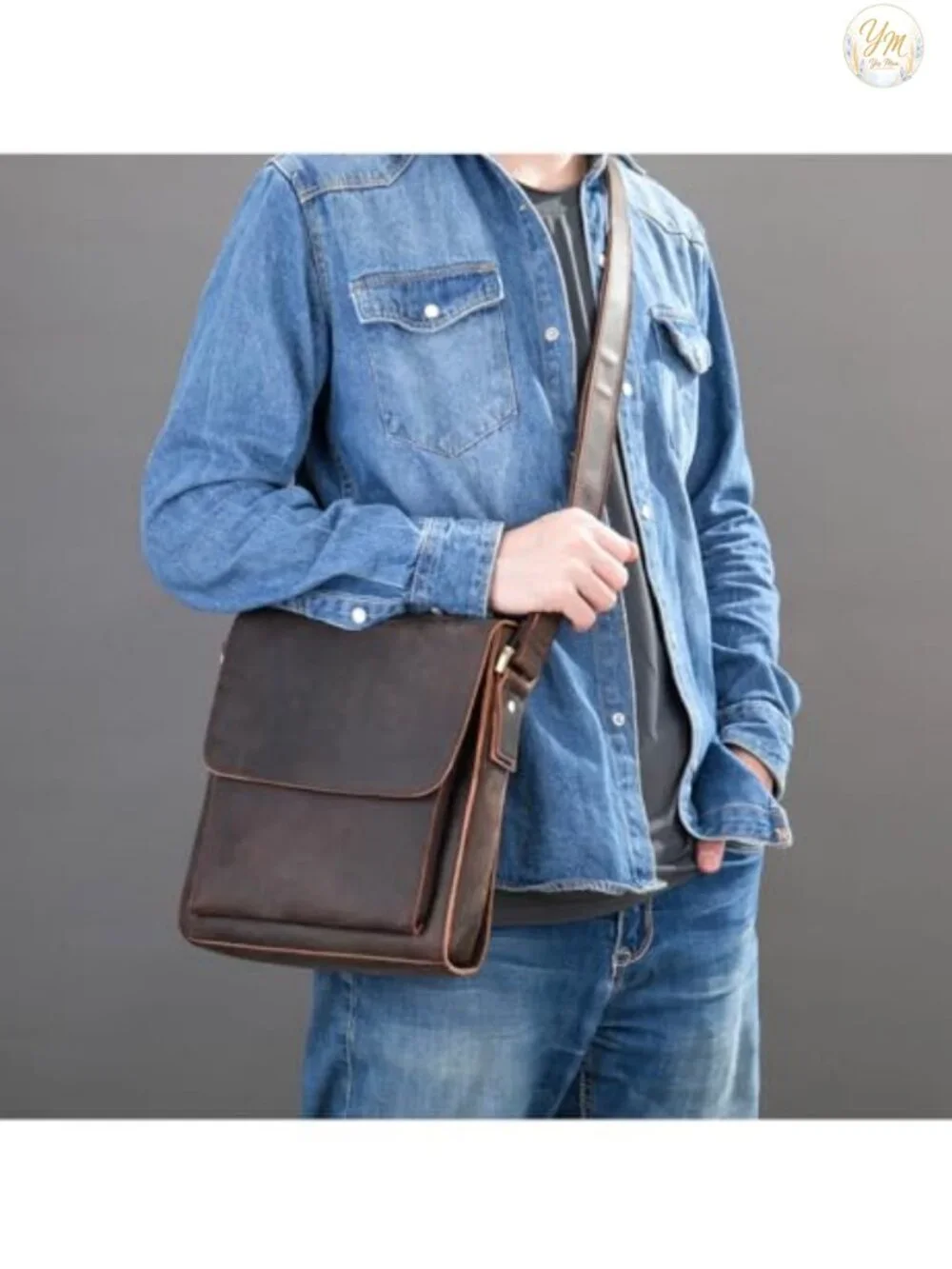 Men's Genuine Cowhide Leather Messenger Bag Crossbody iPad Shoulder Bag